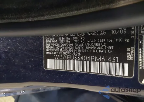 2004 BMW 325Xi Xi z USA, uszkodzony, nr VIN WBAEU33404PM61431